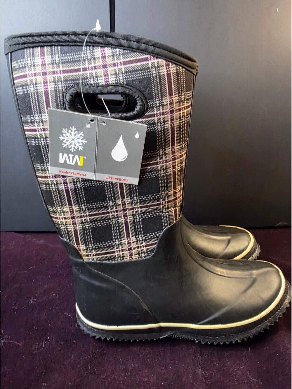 Waterproof Winter Boots with Plaid Upper and Handle Cutouts - Size 6